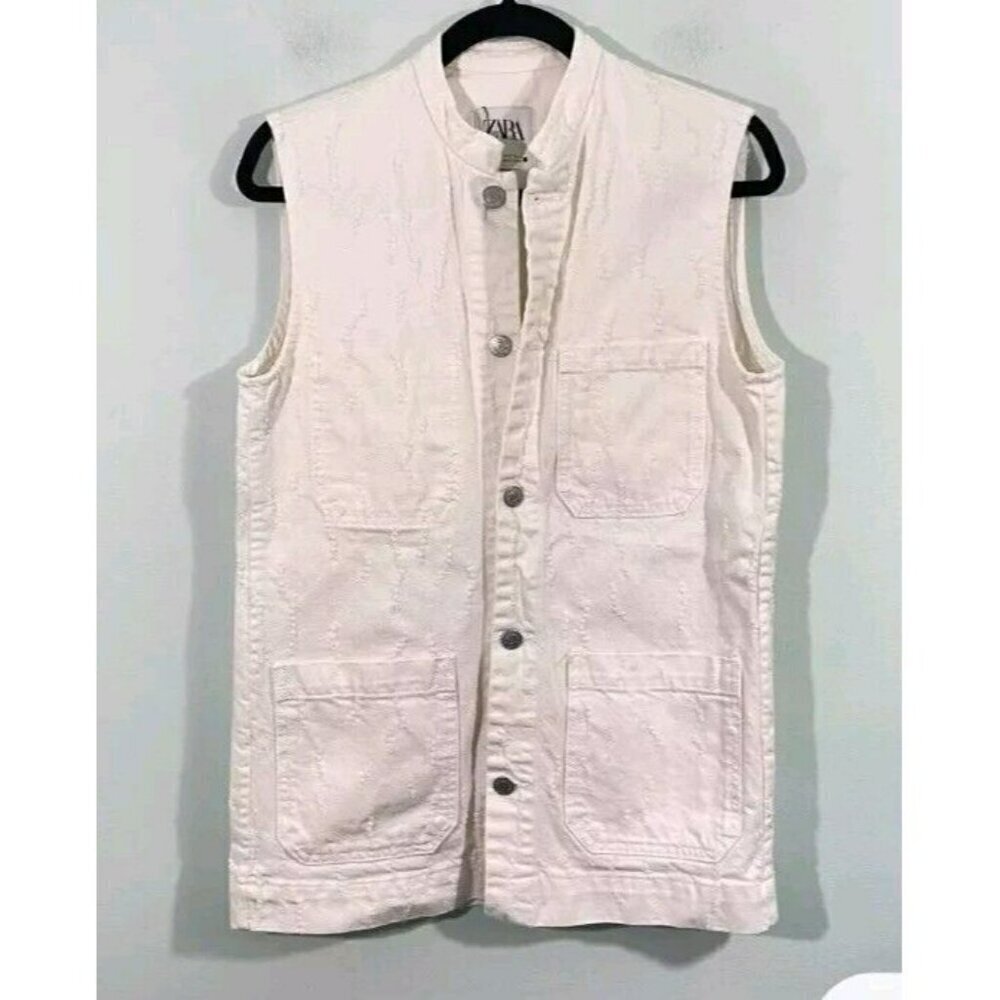 Zara Women's White Distressed Long Length Button Up Denim Vest Size S  9863 060